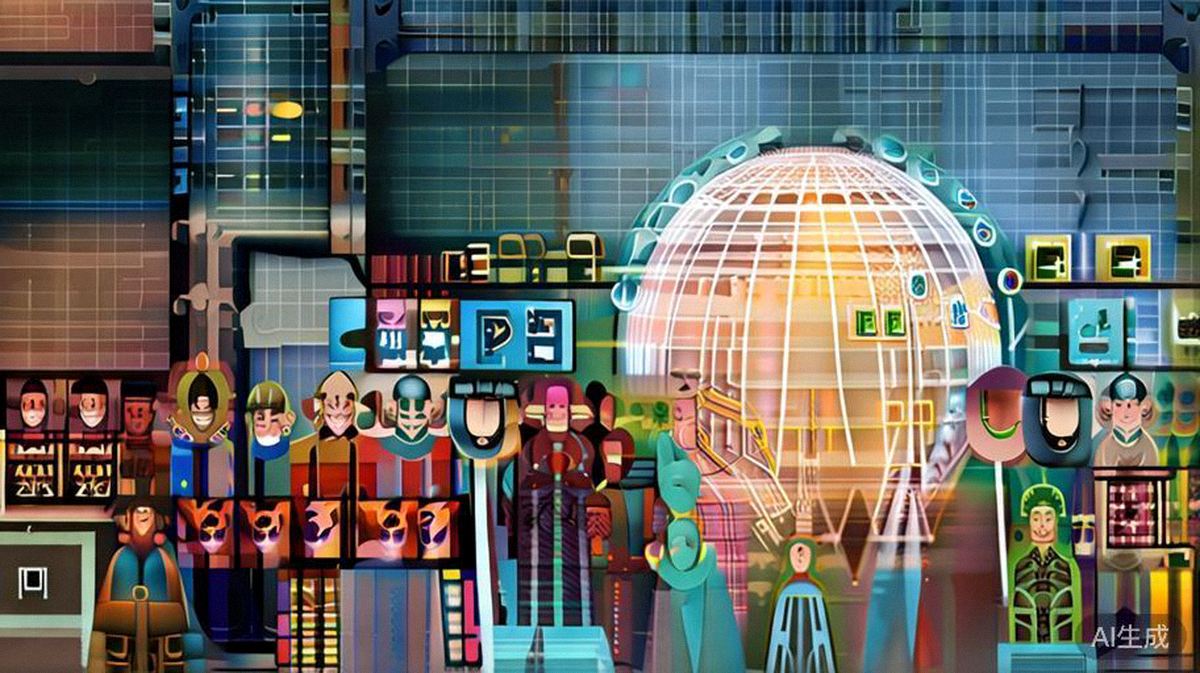 全球不同文化背景的消费者围坐在数字地球旁进行线上购物，象征跨境电商的全球连接与文化融合