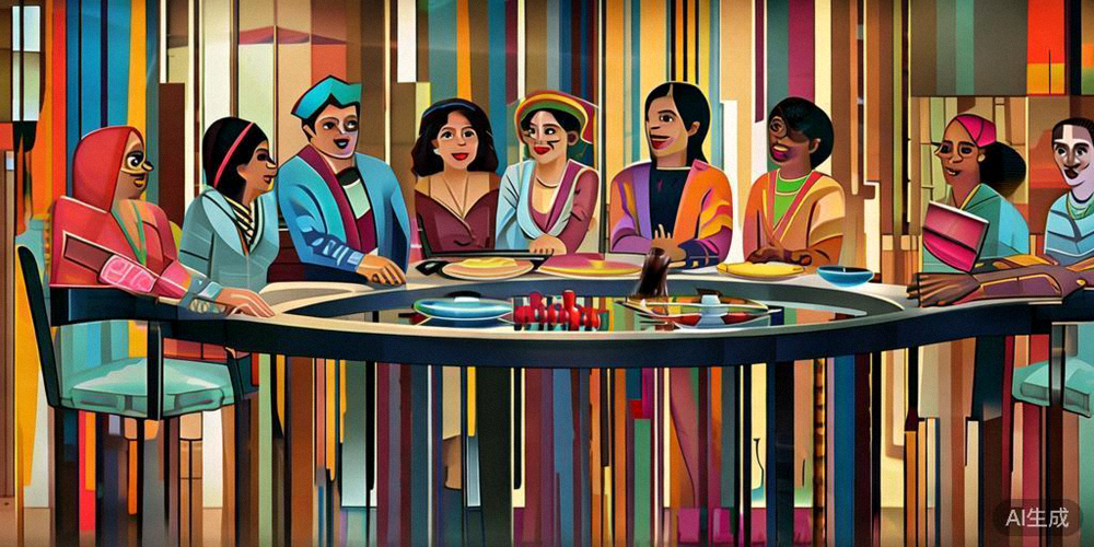 全球不同文化背景的消费者围坐在一起讨论商品，象征文化适配的重要性