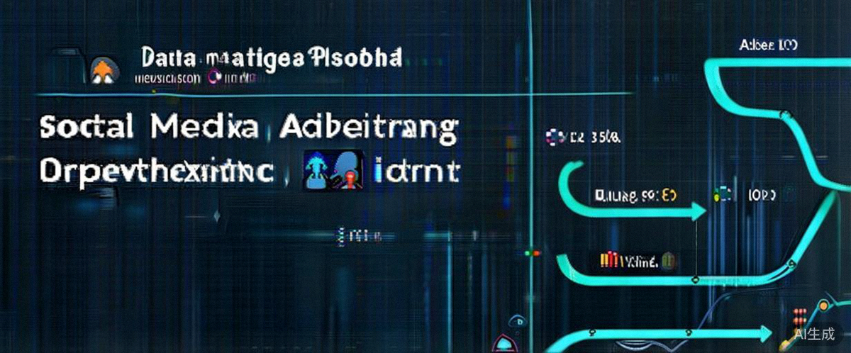 数据驱动的社交媒体广告优化看板示意图，展示受众画像、转化路径与ROI分析