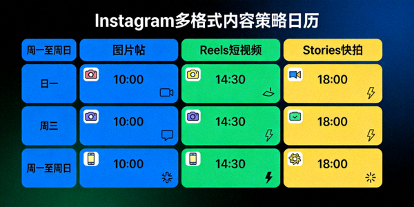 Instagram多格式内容策略：展示图片帖、Reels短视频和Stories快拍同时发布的内容日历视图