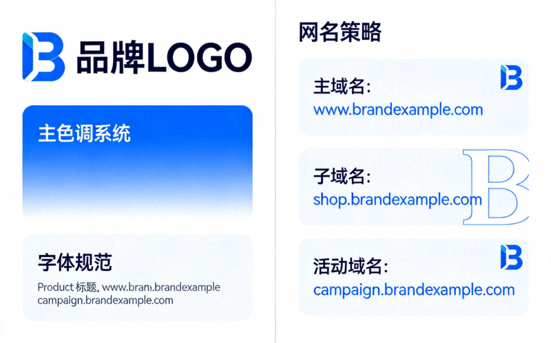 品牌视觉设计与域名策略示例图，展示优秀独立站的品牌一致性
